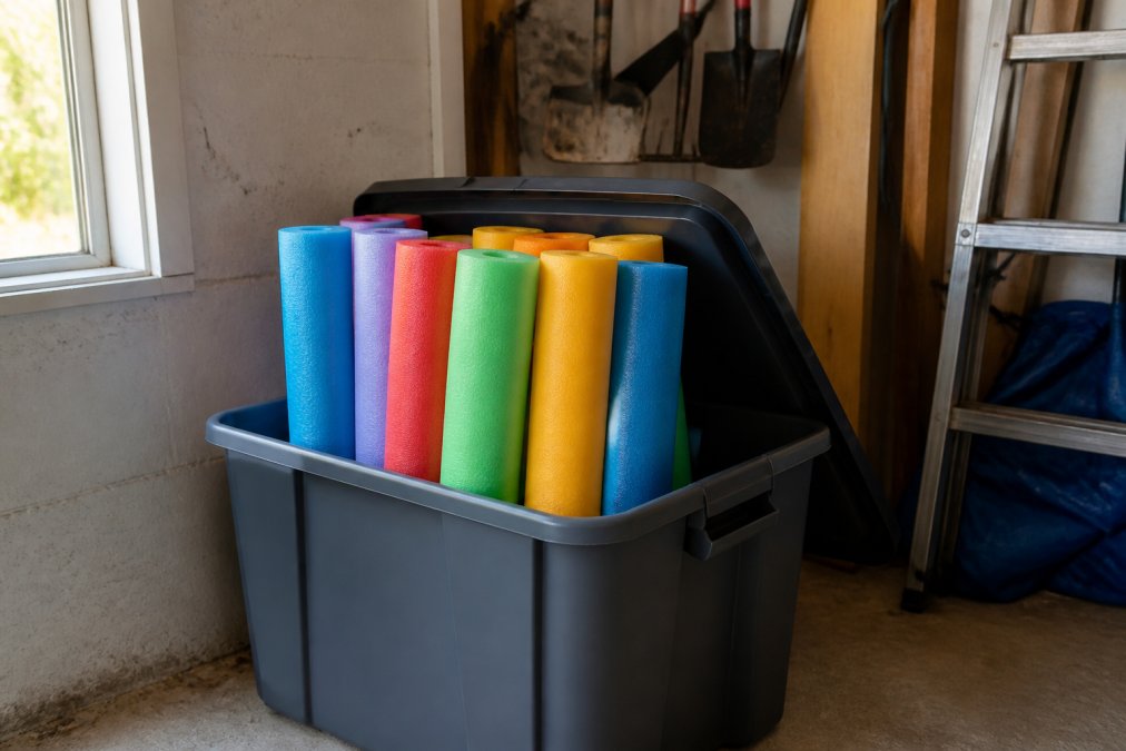 A neat stack of colorful pool noodles stored upright in a large plastic storage container in a shaded garage, lid partially open, soft natural light coming from a side window