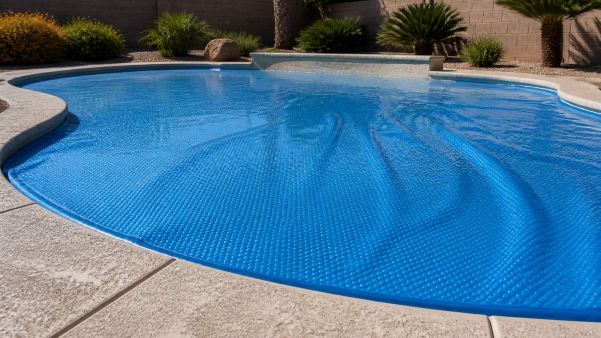 Diagram showing how a blue solar pool cover works to prevent pool water evaporation by sealing the surface.