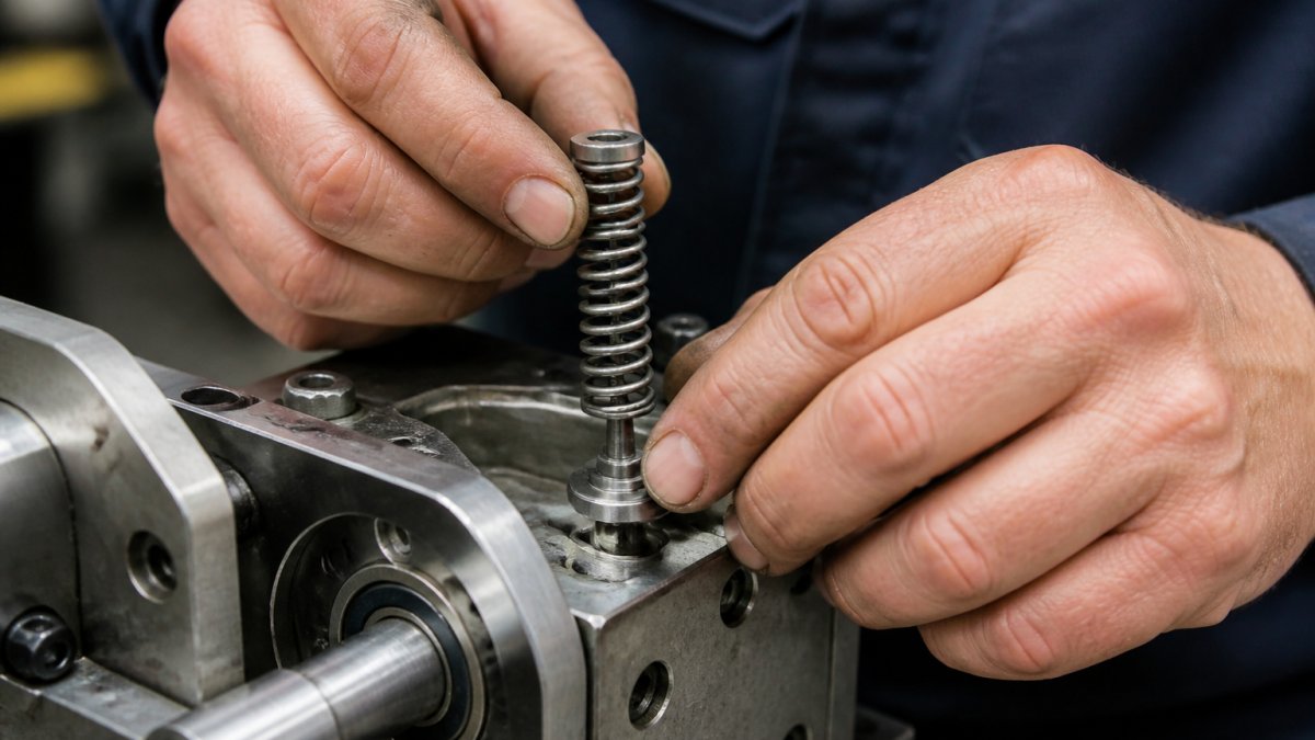 Technician's hands carefully installing a metric compression spring into a mechanical assembly, showing proper alignment and anchor point positioning with precision tools