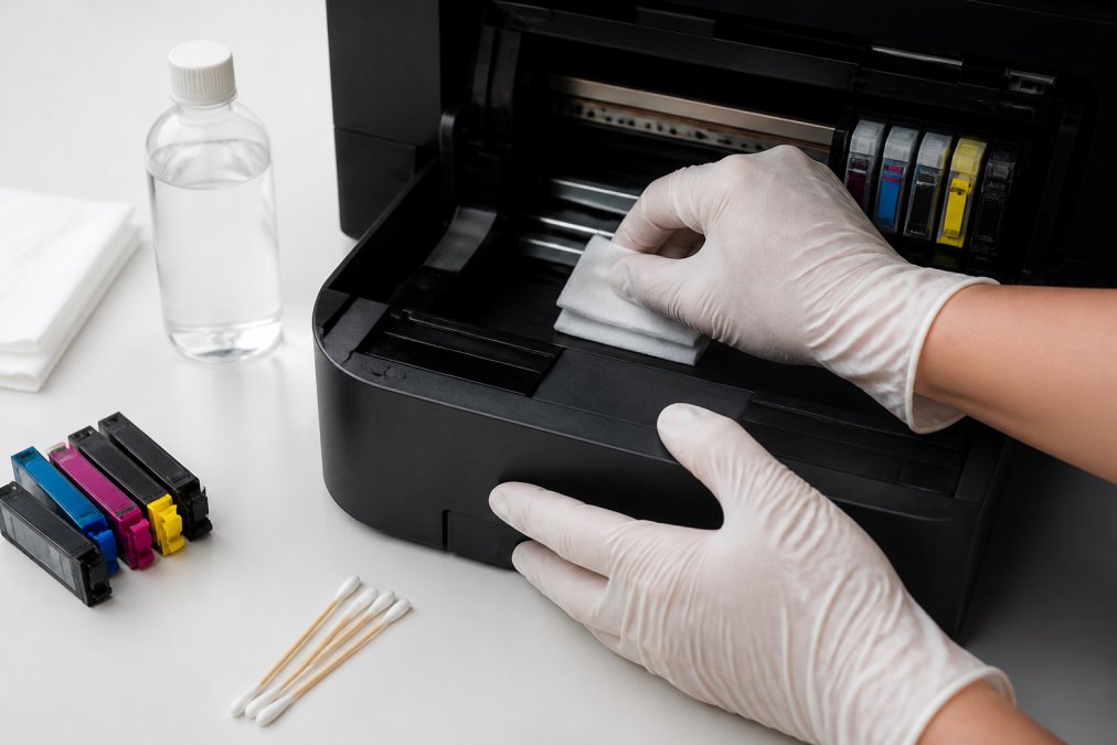 Hands wearing gloves using a cloth to clean an ink spill inside an open printer with isopropyl alcohol nearby