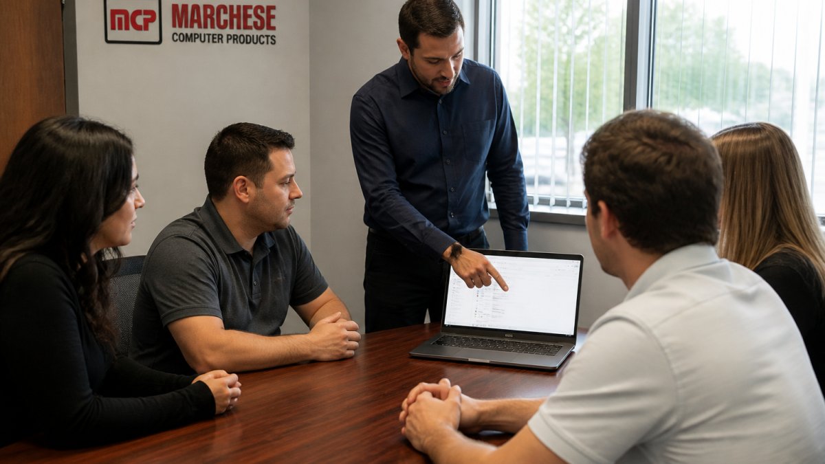 A team training session showing how to prevent ransomware in small business by spotting phishing email links.