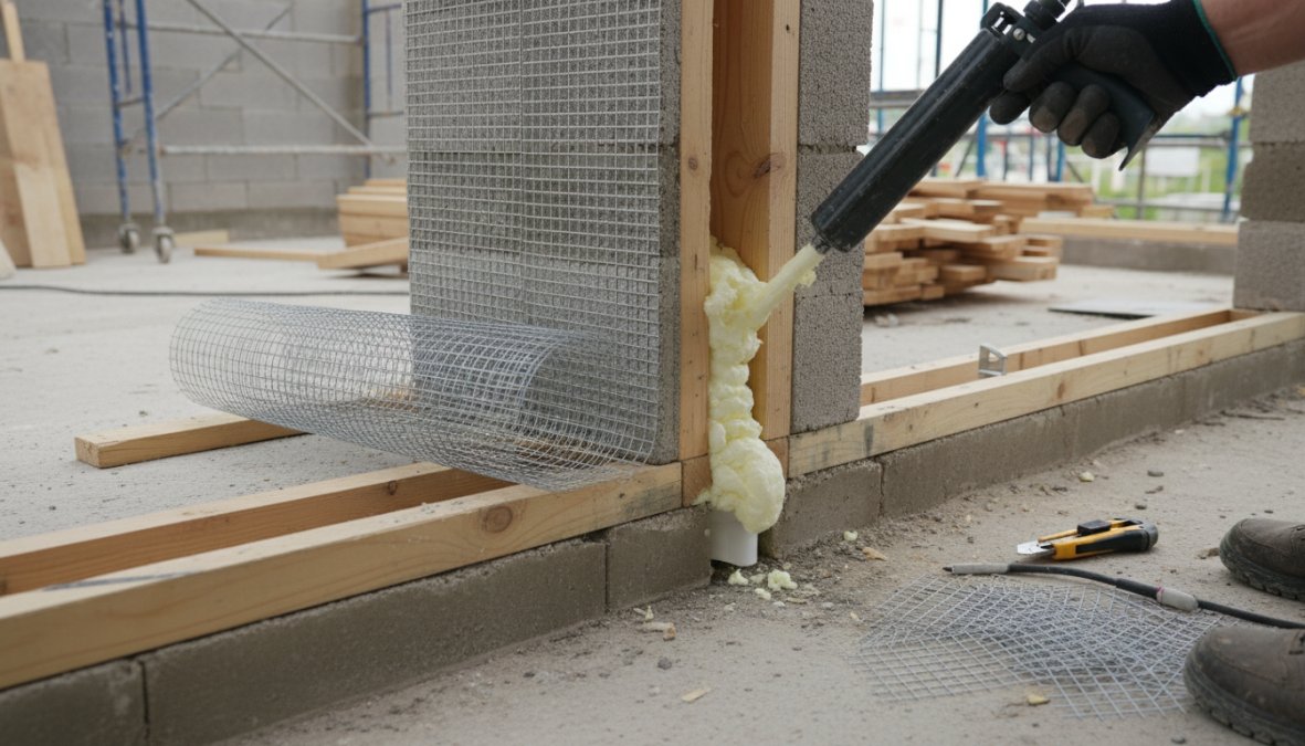 Construction worker wearing a hard hat and high-visibility safety vest kneeling at the base of a concrete foundation wall, pressing wire mesh into a gap around a pipe penetration and applying foam sealant, in a bright outdoor construction site setting