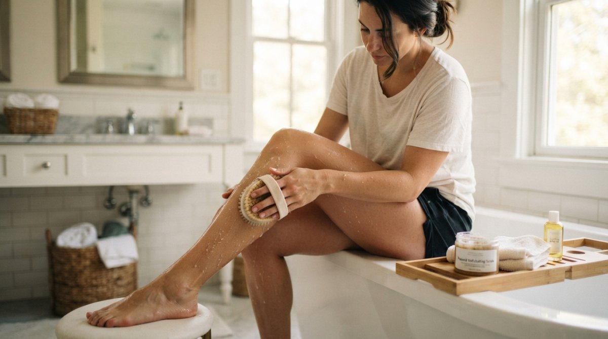 A woman gently exfoliating her leg with a soft scrub in a bright bathroom, preparing for a wax appointment