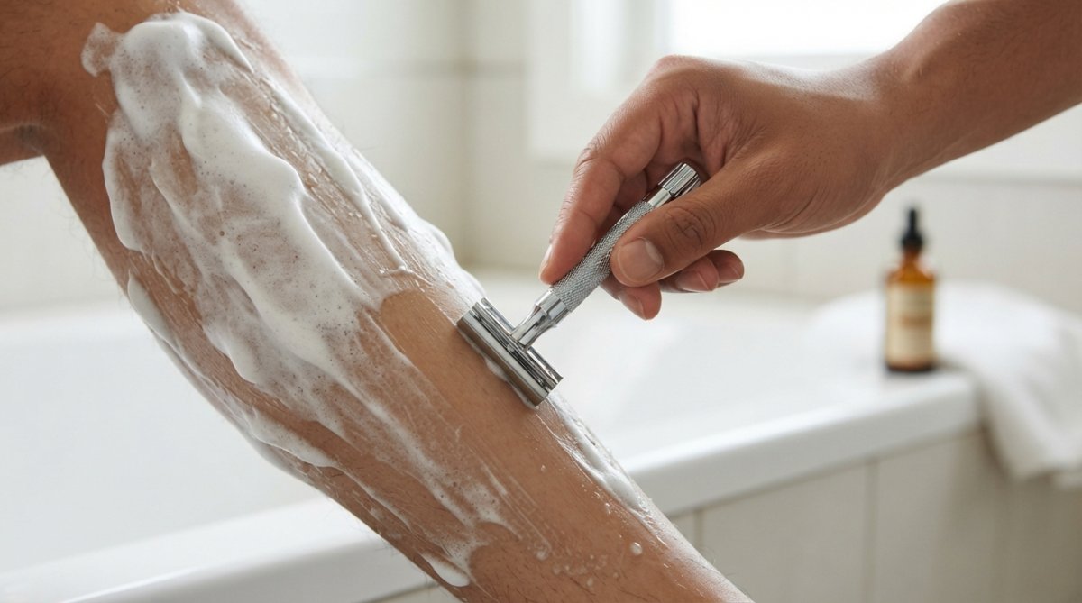 Close-up of a hand holding a safety razor at a 45-degree angle against lathered skin on a leg, moving downward with the grain under bright bathroom lighting
