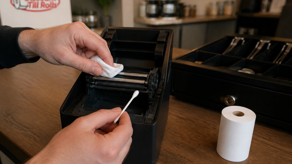 Hands cleaning a thermal print head with a cotton swab on a cafe counter with a till drawer nearby.
