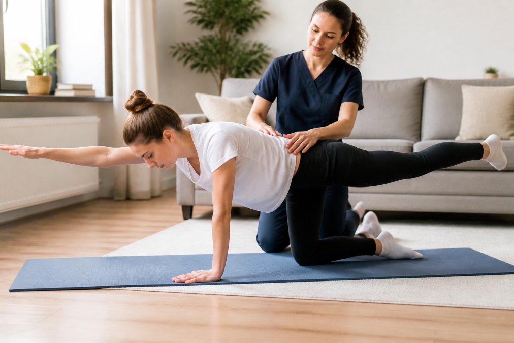 A person performing a bird-dog exercise on a yoga mat in a bright living room, with a physical therapist guiding their form and correcting their posture