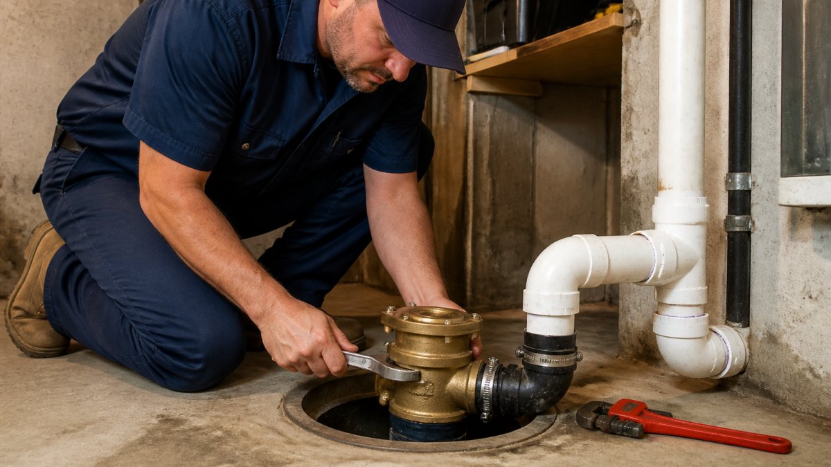 A licensed plumber in uniform kneeling beside an open basement floor drain, installing a brass backwater valve with a wrench, clean concrete floor and pipe wrench visible