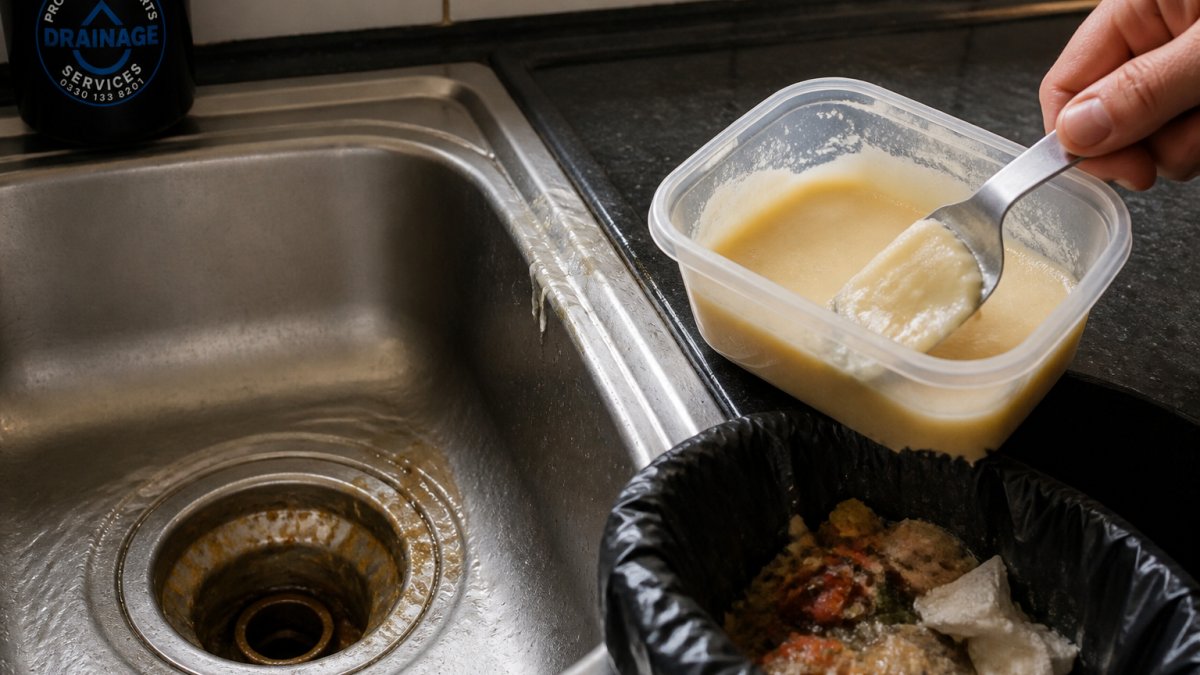 Grease residue and food scraps in a kitchen sink that cause sewer line blockages when poured down the drain