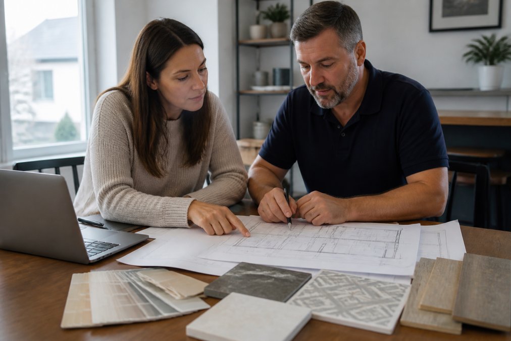 Homeowner and contractor reviewing detailed blueprints and design specifications together at a table with a laptop, notebook, and material samples visible, natural office lighting
