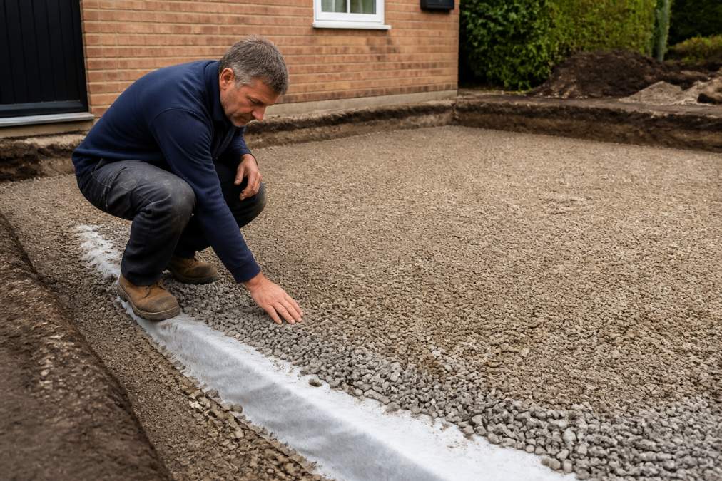 Professional installer examining freshly compacted sub-base layers with stone aggregate and geotextile membrane visible in excavated driveway area, natural daylight