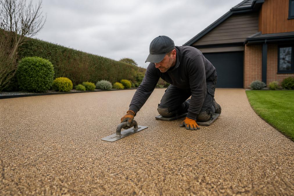 Experienced resin installer applying resin-bound surface in optimal weather conditions with protective equipment, trowel finishing visible, overcast dry conditions