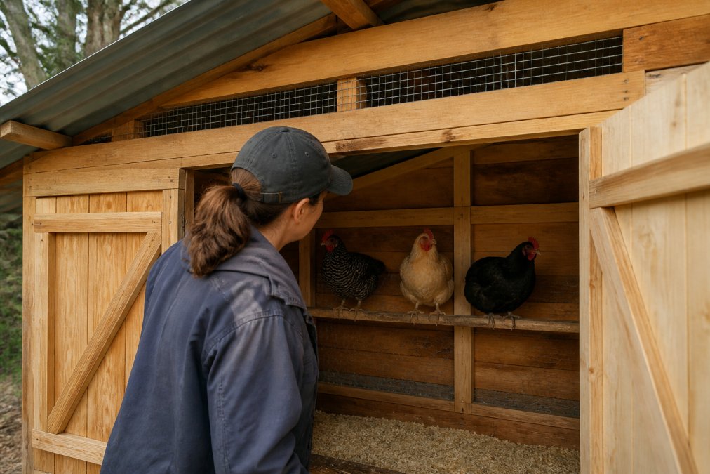 A backyard chicken coop with open ventilation gaps near the roof and a keeper inspecting the interior, hens visible on the roost inside