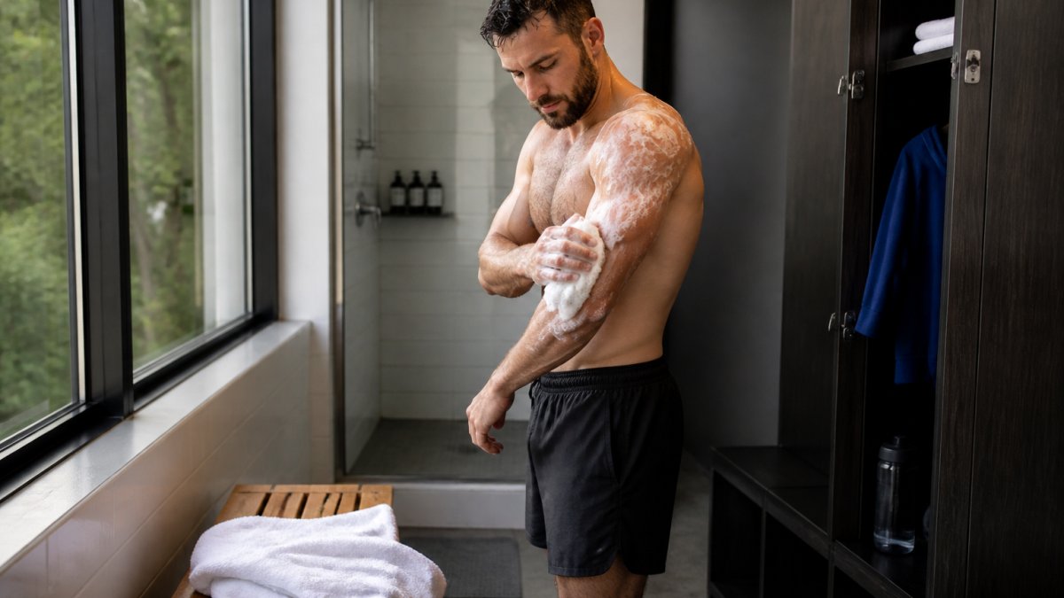 BJJ athlete showering with clean towel in modern locker room after training session, natural lighting from window, athlete focused on thorough skin cleaning