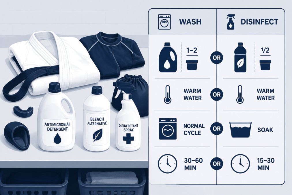 BJJ gi and training gear laid out on a laundry table with antimicrobial detergent, bleach alternative, and a spray bottle of disinfectant nearby, ready for washing