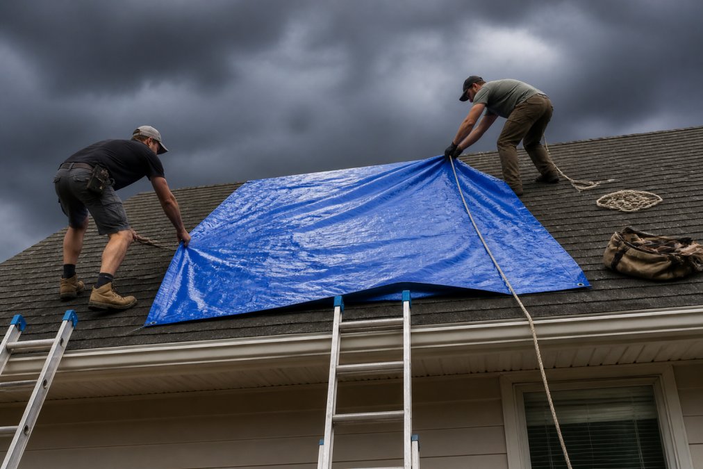 Homeowner and helper securing a blue tarp on a shingled roof to prevent roof leaks during a storm