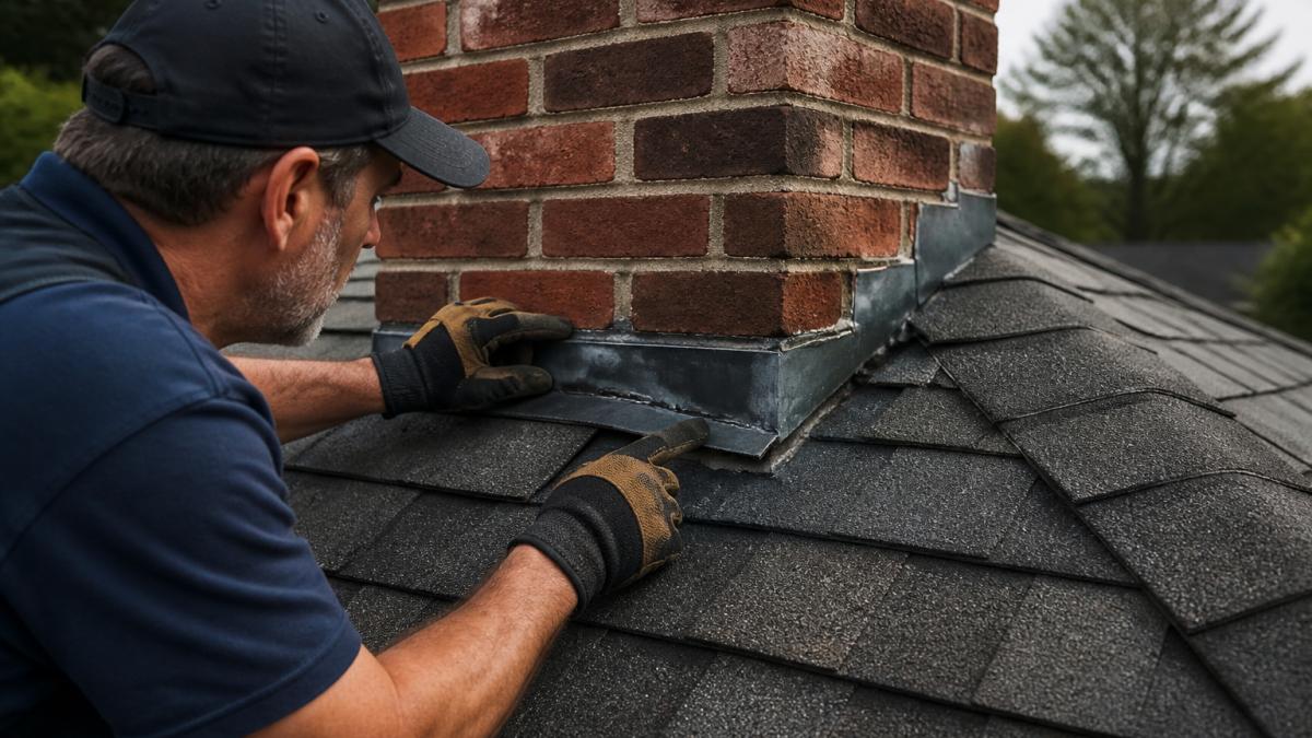 Professional roofer's hands inspecting flashing around a chimney on a residential roof, examining visible wear and gaps in the sealant with natural daylight