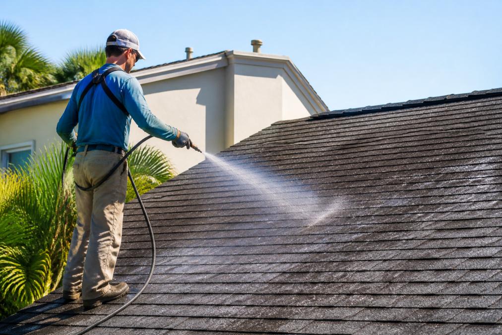 A professional technician in safety gear using a low-pressure soft wash system to clean a residential asphalt shingle roof, with a gentle mist of cleaning solution visible