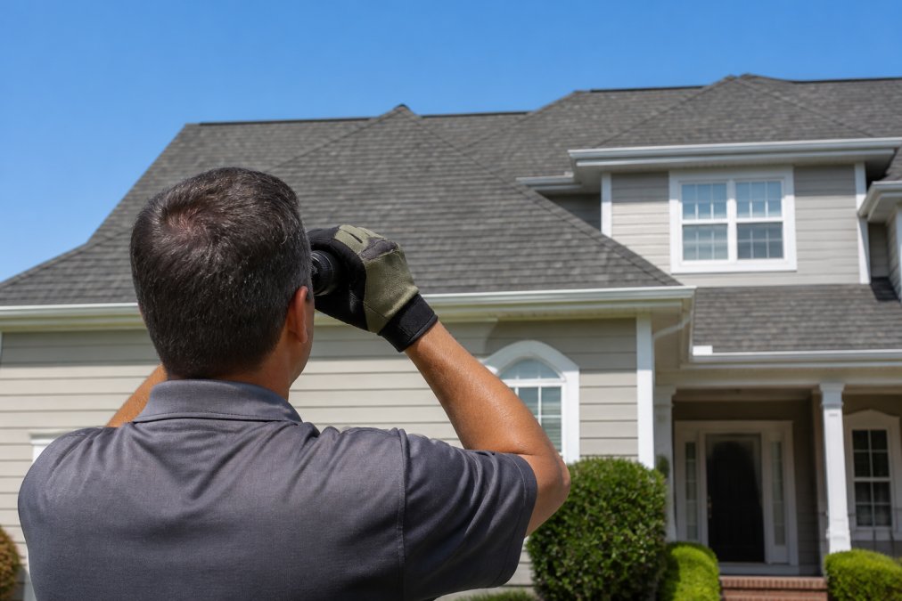 A homeowner in work gloves holding binoculars, inspecting a two-story asphalt shingle roof from the yard on a sunny day with a clear blue sky
