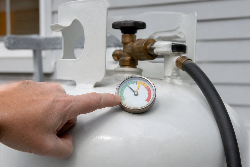 Close-up of a homeowner's hand pointing to a propane tank gauge mounted on an outdoor residential tank, showing the fuel level indicator at approximately 40%, with natural daylight illuminating the dial