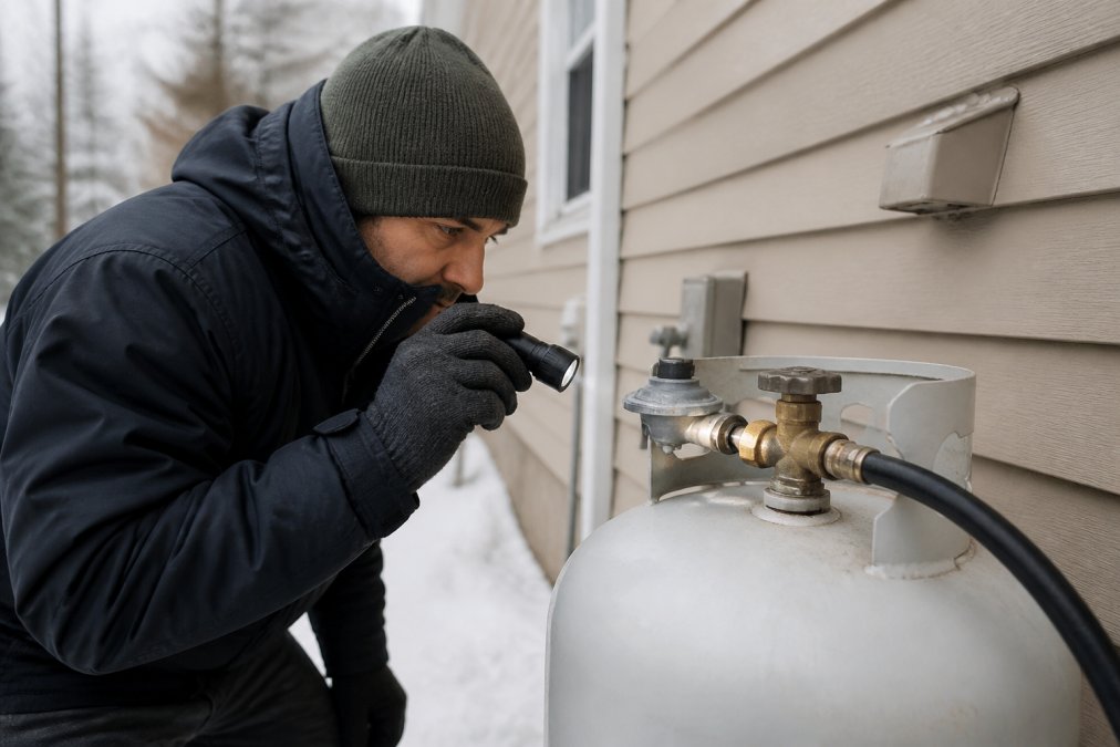 Homeowner in winter clothing inspecting propane tank connections and regulator outdoors with a flashlight, examining the brass fittings and metal components against a residential home's exterior wall