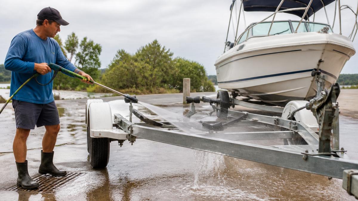 Person using a pressure washer to rinse salt water from a galvanized boat trailer frame in a driveway