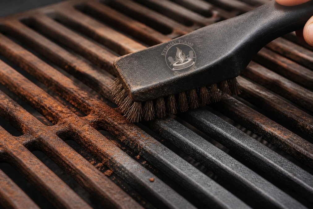 Close-up of a wire brush scrubbing rust off cast iron grill grates, showing orange rust particles being removed and the bare metal underneath becoming visible