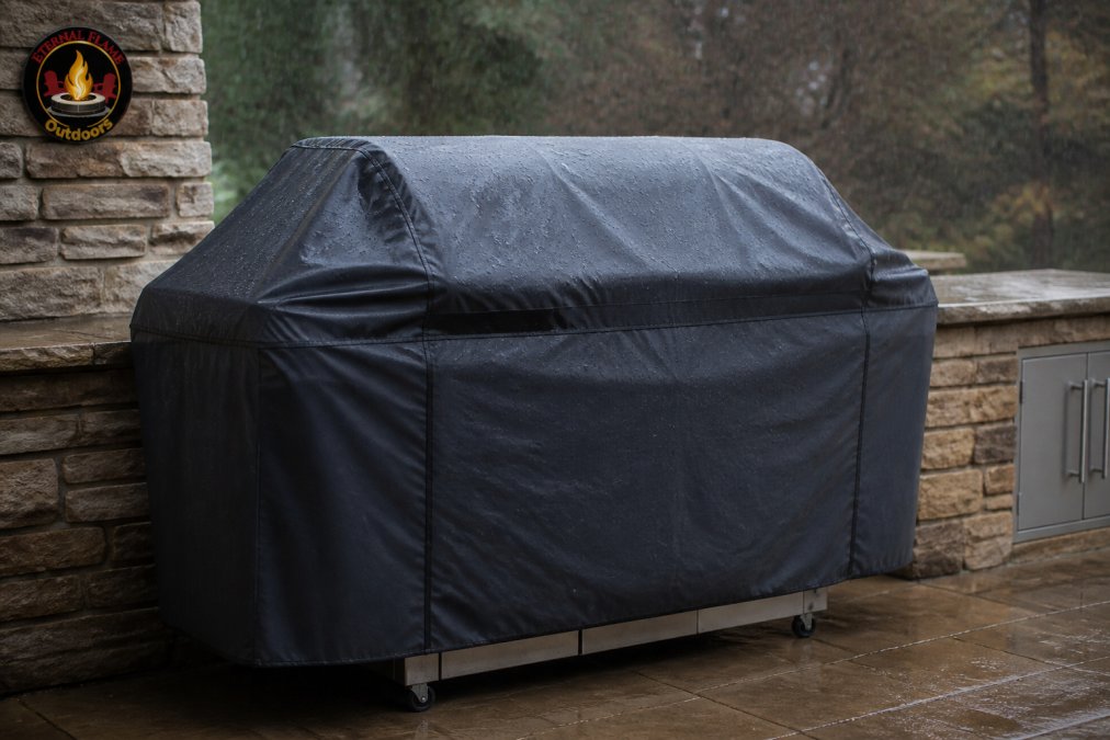 Premium stainless steel grill with a heavy-duty protective cover installed, showing how the cover shields the grill from rain and moisture during off-season storage