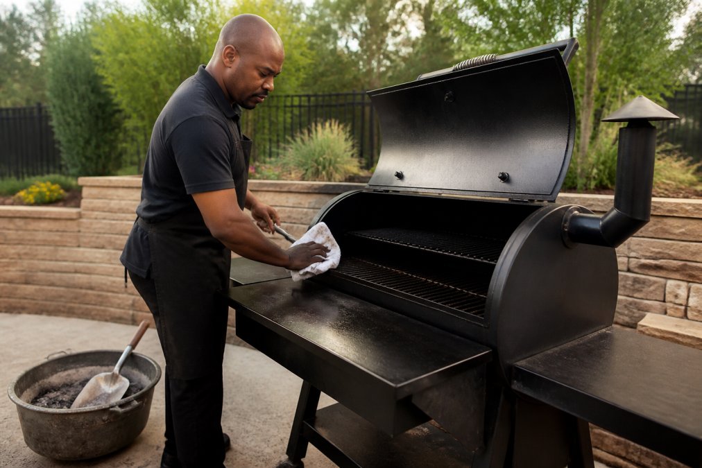 Professional demonstrating how to prevent rust on smokers by wiping down the exterior and grates with a cloth after cooking, showing proper ash removal and metal surface care in a backyard setting