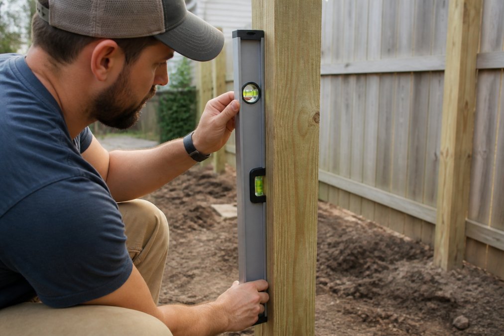 Close-up of a person using a 4-foot level against a wooden fence post in a residential backyard, checking vertical alignment with careful attention to the bubble indicator
