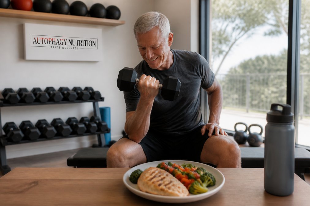 An older adult performing a dumbbell exercise in a bright home gym, with a protein-rich meal and water bottle visible on a nearby table