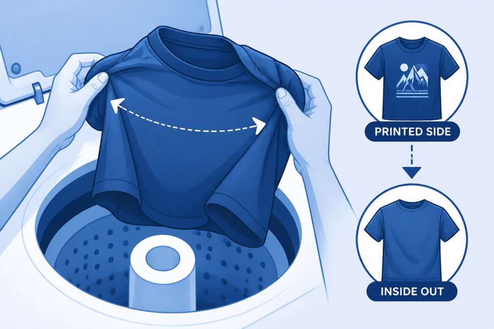 Close-up of hands turning a screen-printed graphic tee inside out over a washing machine, showing the printed side protected inward