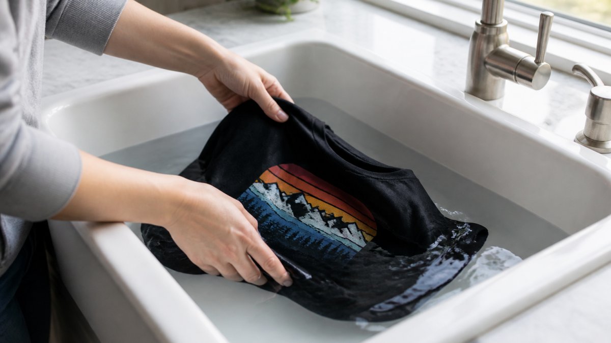 Hands carefully placing a screen-printed shirt inside-out into cool water in a white sink, showing proper gentle washing technique with natural window lighting
