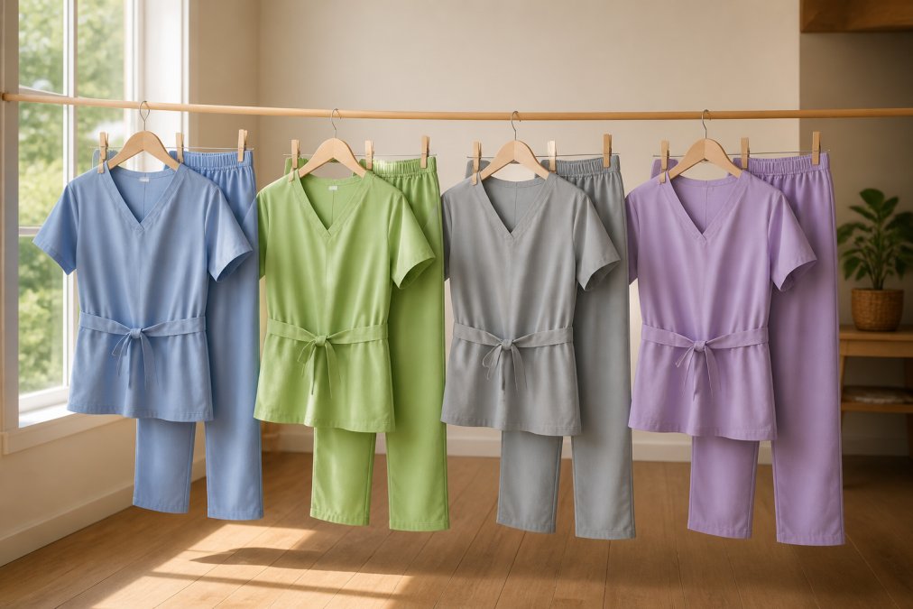 Medical scrubs hanging on a clothesline indoors near a window with natural light streaming in, showing proper air-drying setup with scrubs fully extended and not bunched together