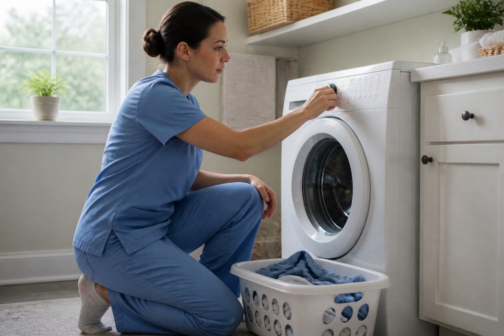 A healthcare worker in scrubs loading a front-loading washing machine set to cold water in a bright home laundry room, laundry basket on the floor beside them