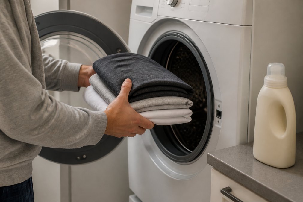 Hands loading a washing machine with folded heavyweight cotton shirts, with a bottle of gentle detergent visible on the counter nearby