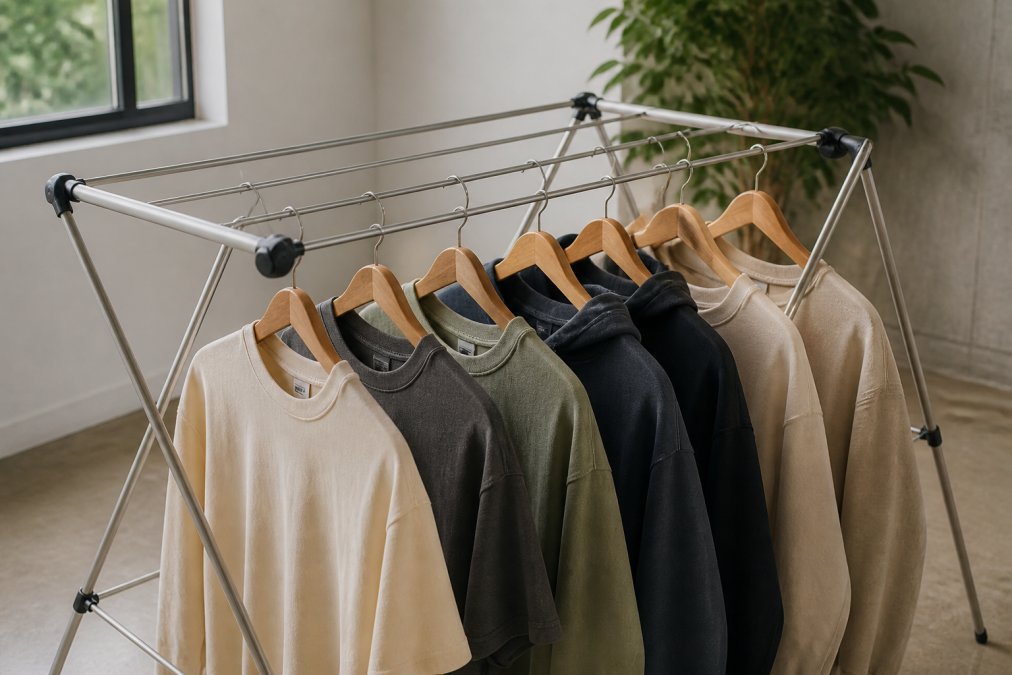 Heavyweight cotton tees and hoodies hanging on a drying rack in natural indoor light, showing proper air-drying technique