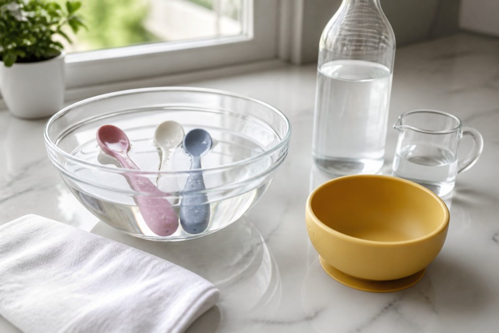 Close-up of colourful silicone baby spoons and a small bowl soaking in a white vinegar and water solution on a clean kitchen bench, with a folded white cloth nearby and soft natural light streaming in from a nearby window
