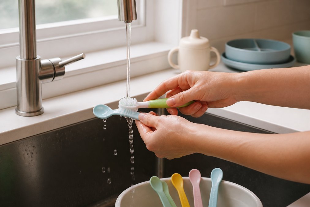 A parent's hands gently scrubbing a colourful silicone baby spoon with a soft brush under running warm water at a kitchen sink, with bright natural light coming through a window above