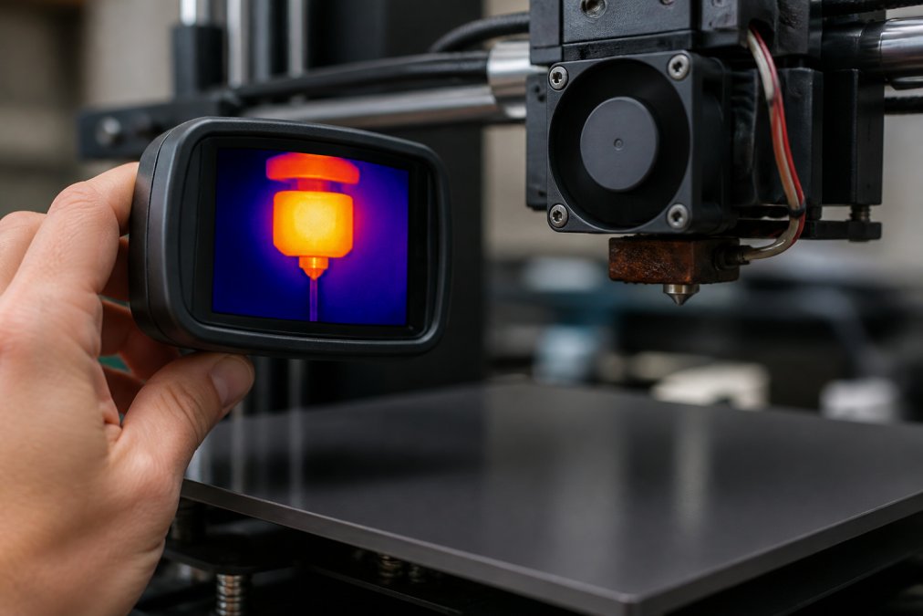 Close-up of a 3D printer nozzle with thermal camera display showing heat distribution around the hotend, with cooling fan visible in background