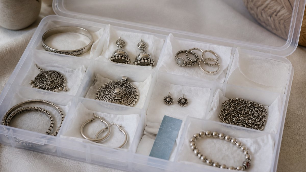Diagram showing the proper arrangement of silver jewellery in an airtight storage box with anti-tarnish strips.