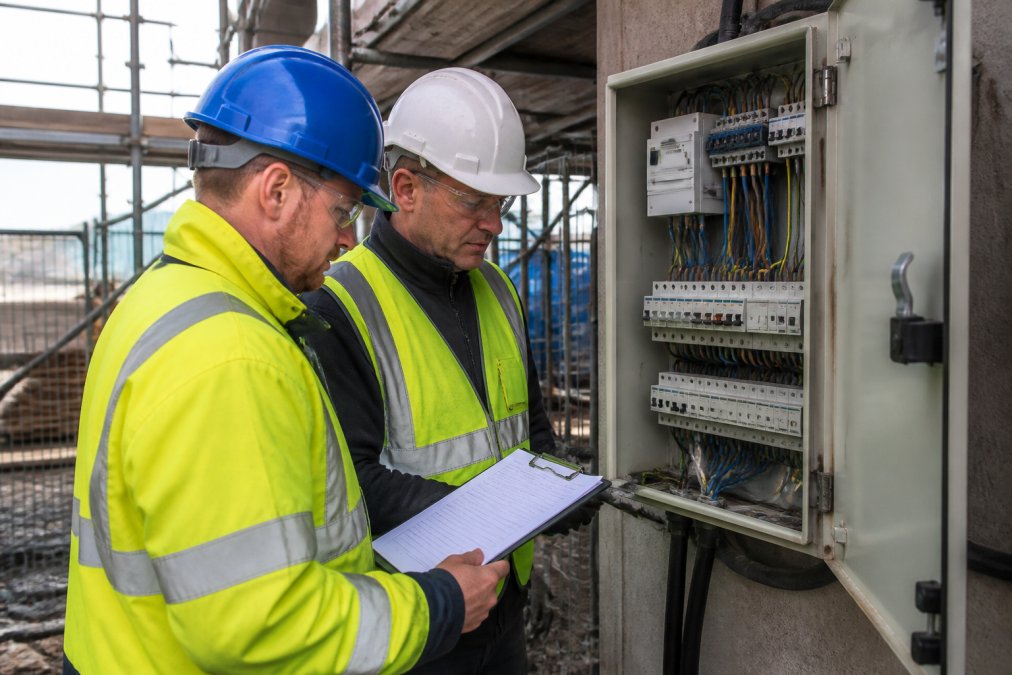 A site manager in a high-visibility vest and hard hat reviewing a clipboard checklist with a colleague in front of an electrical distribution board on a construction site