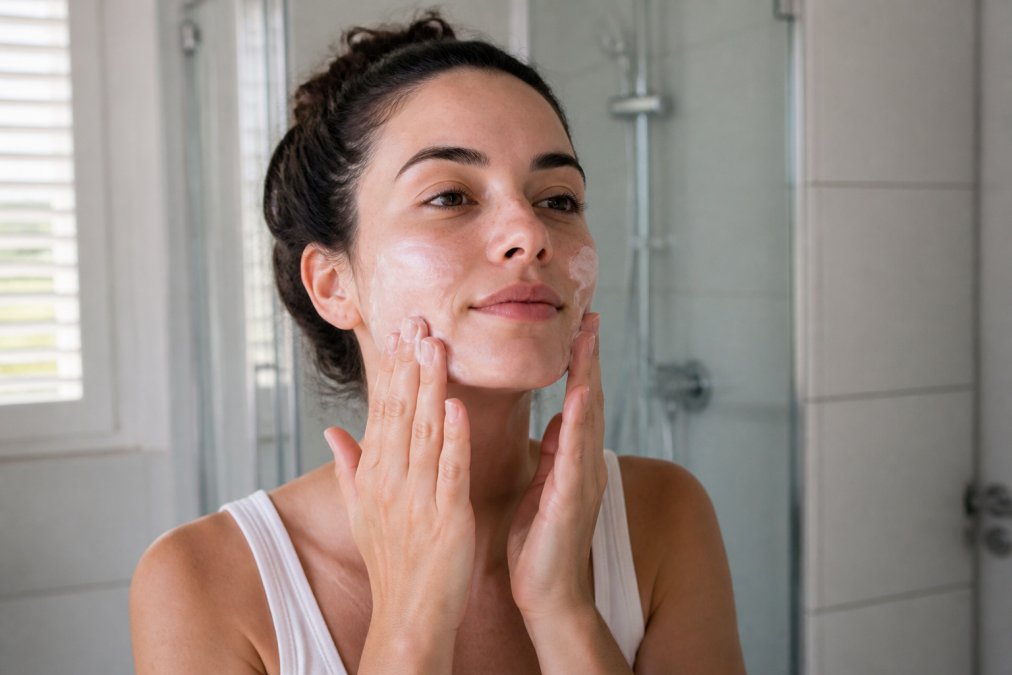 Close-up of a woman with sensitive skin gently applying a light moisturizer to her cheeks and jawline in a bright bathroom, soft natural light, calm expression