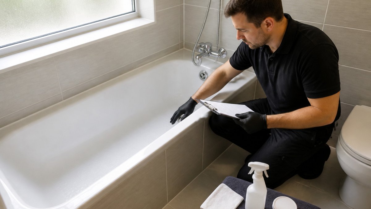 Housekeeping technician inspecting a non-slip textured finish in bright hotel bathrooms
