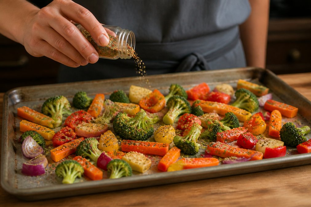 A hand shaking a spice blend over a baking sheet filled with colorful, evenly spaced vegetables like carrots, broccoli, and bell peppers before roasting, warm kitchen lighting