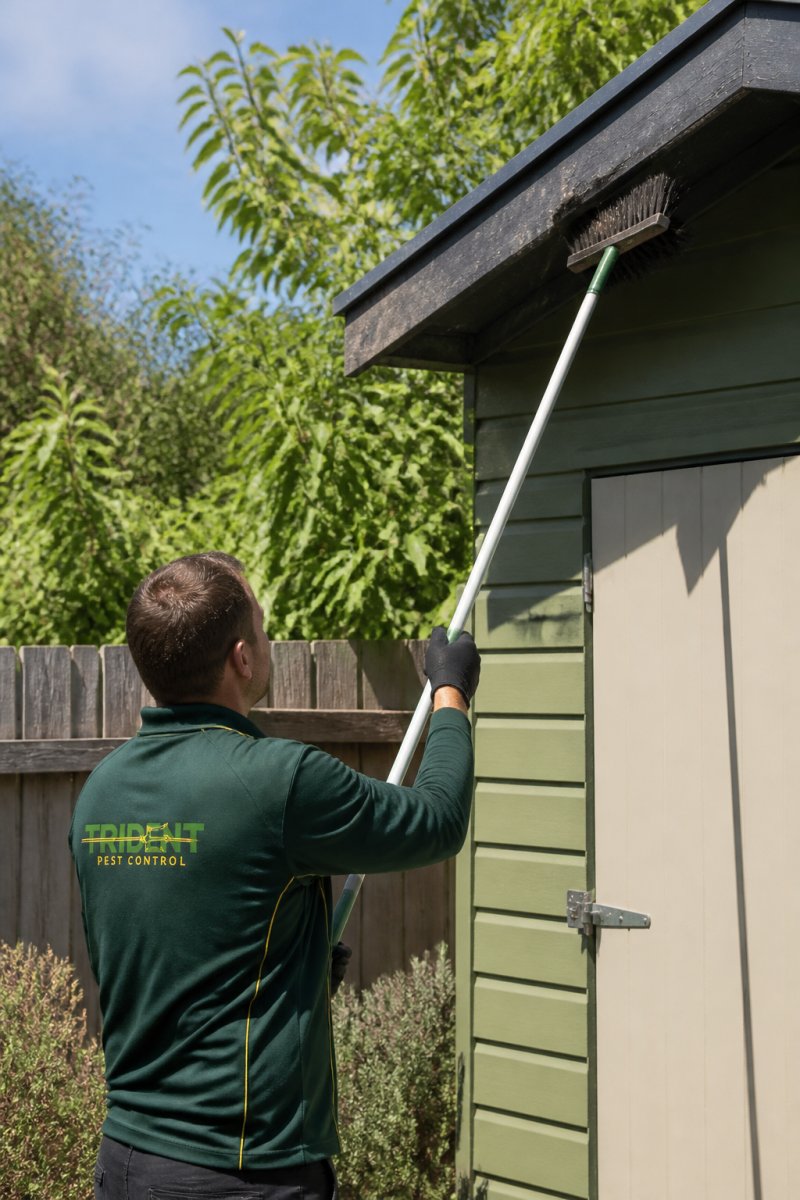 A person wearing gardening gloves using a long-handled broom to sweep spider webs from the eaves of a suburban garden shed, with green plants and a timber fence visible in the background on a sunny day