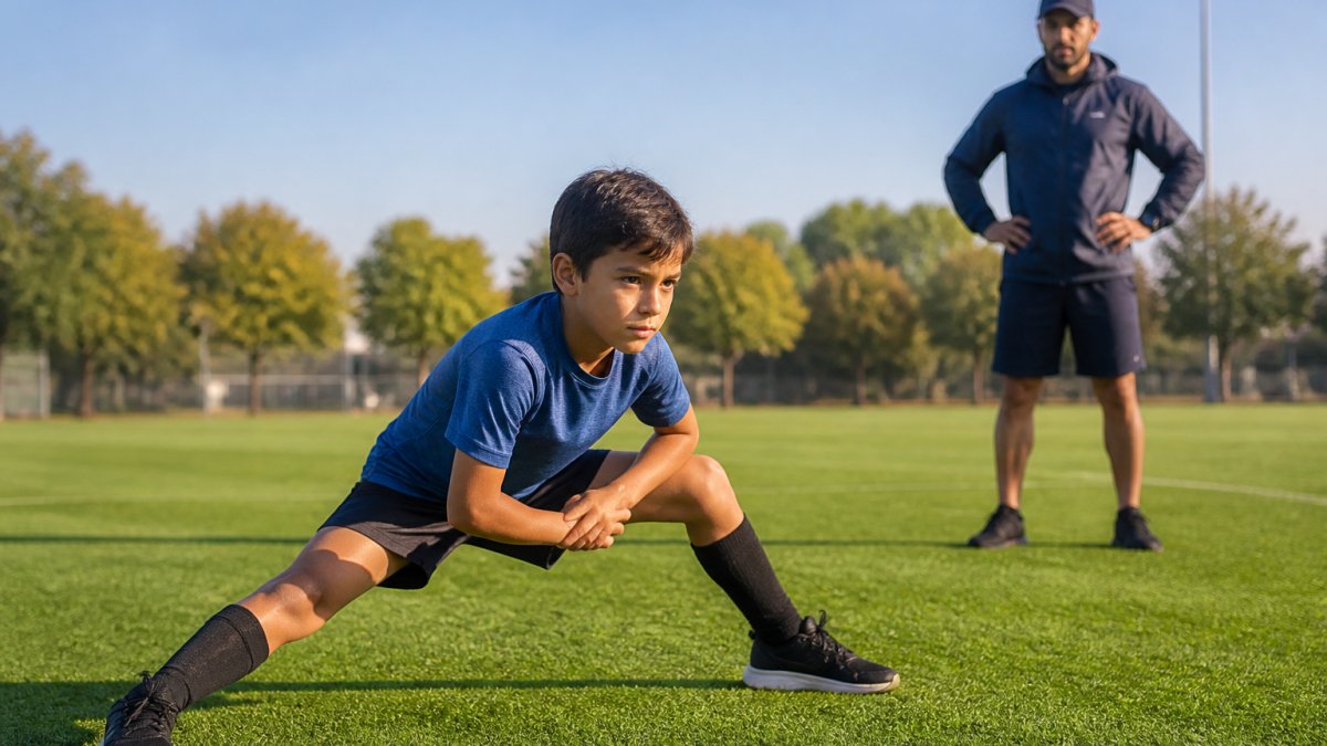 Young athlete performing dynamic stretching and warm-up movements on grass field before practice, with coach observing in background