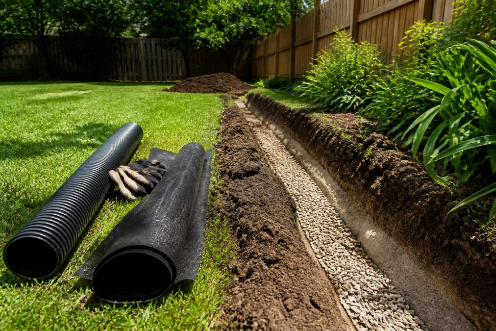 Homeowner digging a gravel trench to eliminate standing water in a backyard with landscape fabric and pipe nearby.