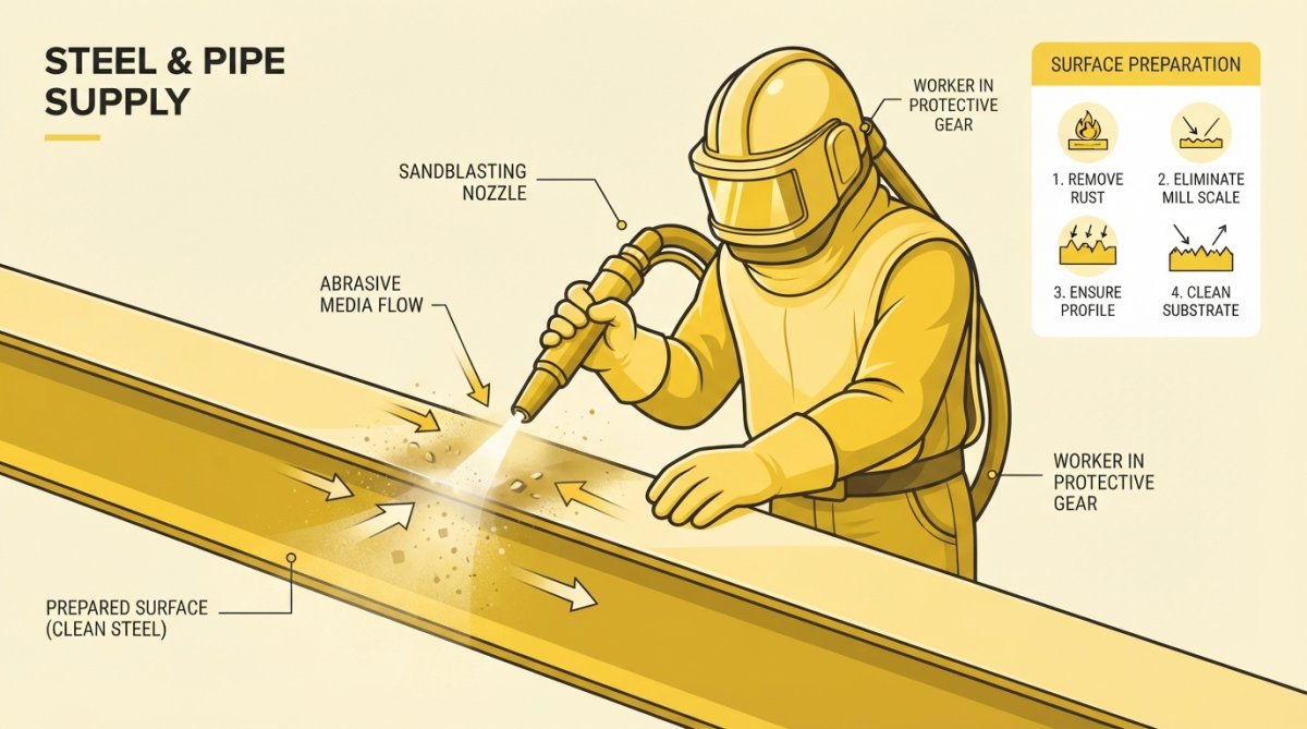 Close-up of worker operating sandblasting equipment on a steel beam, with visible dust and abrasion marks showing the rough surface texture created by the blasting process