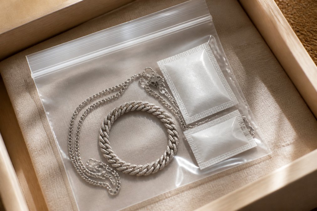 Close-up of sterling silver bracelets and delicate chains neatly arranged inside a clear ziplock bag with small white silica gel packets visible, stored in a cool, dry drawer with soft natural light filtering in