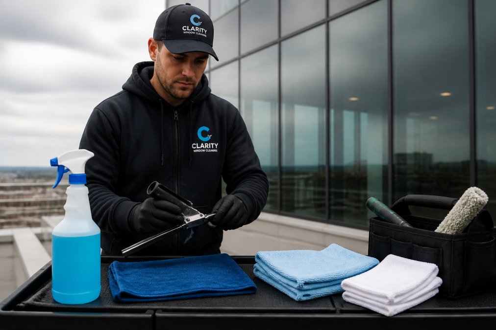 Professional cleaner preparing tools at ground level with squeegee, microfiber cloths, and spray bottle positioned on a work table, natural overcast lighting